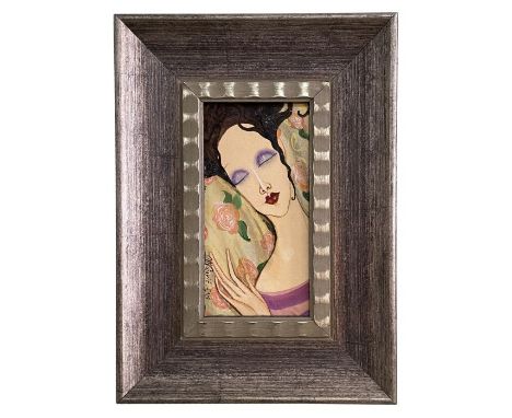 Aleksandra Ristic - Sleeping Beauty - head and shoulder portrait of a young lady with bee sting lips, oil on panel, signed &a