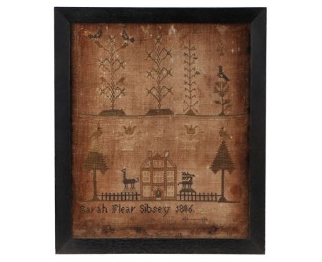 An early 19th century sampler by Sarah Sibsey 1806, depicting a garden scene with animals and a house, 18 by 33cms, framed & 