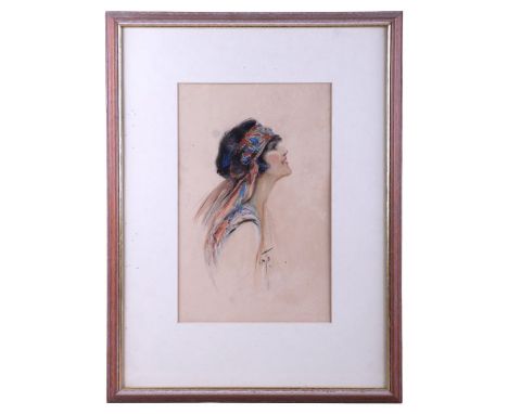 Early 20th century British school - A head and shoulder portrait of a flapper girl with a scarf in her hair, watercolour, 20 