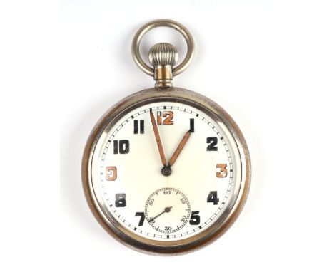 A military open faced pocket watch, marked Bravingtons GSTP M38796 and broad arrow mark, 5cms diameter.