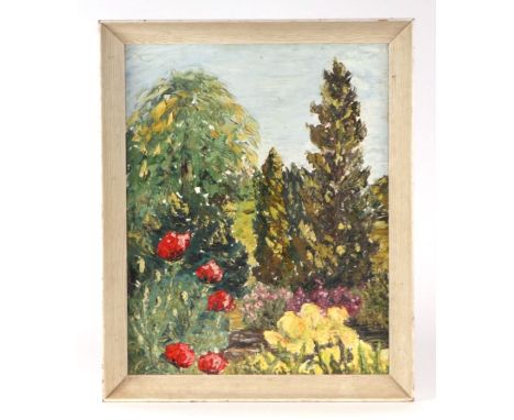 20th century British school - Flowering Summer Garden - oil on board, framed, 40 by 51cms.