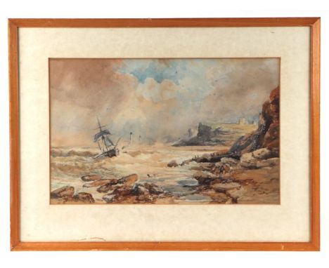 R E Roe - Ship in Distress in Rough Seas - signed lower left, watercolour, framed &amp; glazed, 43 by 28cms.