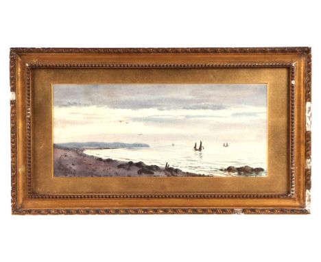 Victorian school - Seascape with Fishing Boats - indistinctly signed lower left, watercolour, framed &amp; glazed, 29 by 13cm