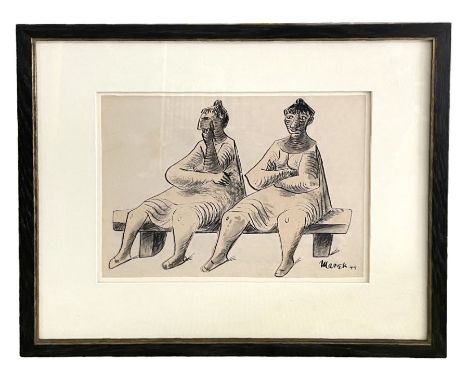 Marek Żuławski (Polish 1908-1985) - Two Figures Sat on a Bench - pen &amp; ink and watercolour wash, signed &amp; dated '49 l
