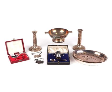 A silver christening egg cup and spoon, initialled, Sheffield 1960, 53g, cased; together with a pair of 19th century silver p