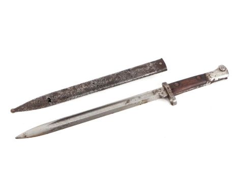 A WW2 Czechoslovakian VZ98/22 Mauser bayonet in its steel scabbard. Marked to the ricasso CSZ K. Blade length 29.5cms (11.625