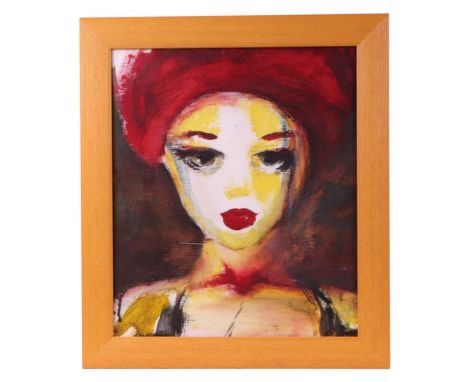 Contemporary British school - a head and shoulder portrait of a young lady with red hair and lips, mixed media, 29 by 34cms, 