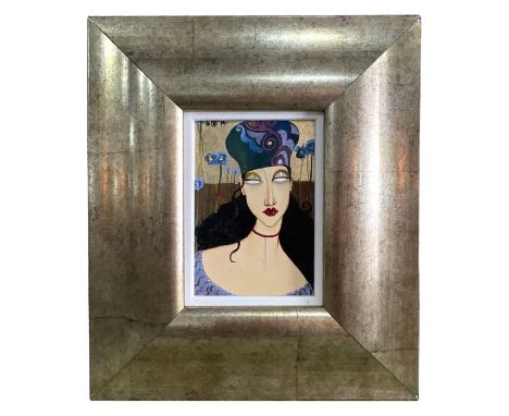 Aleksandra Ristic - a head and shoulder portrait of a Russian lady wearing a bonnet, mixed media, signed &amp; dated 2014 top