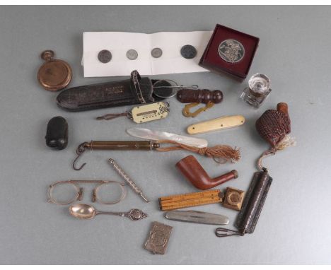 A cased amber cigar holder, salter letter scales, 1951 Festival of Britain crown and other items.