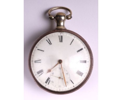 A George III silver cased open faced pocket watch, the white enamel dial with Roman numerals and subsidiary seconds dial, the