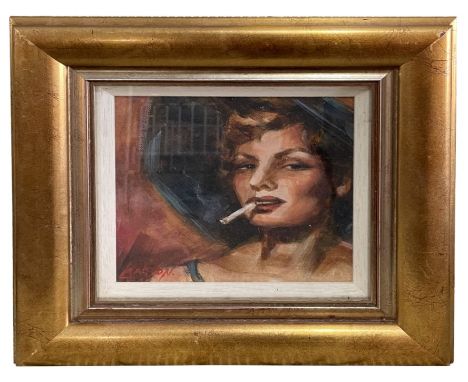 Lawson (modern British) - Head &amp; shoulder Portrait of a Lady Smoking a Cigarette - oil on canvas, signed lower left, 19 b