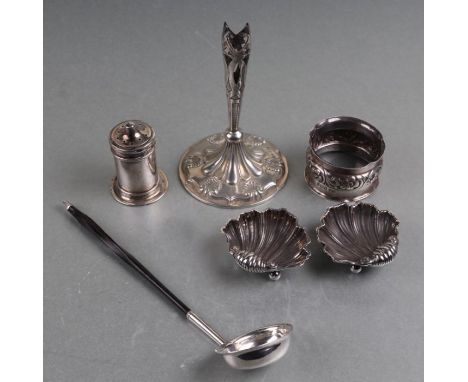 An Elizabeth Morley silver toddy ladle, London 1812; together with a silver epergne base; a silver pepper pot and other items