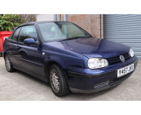 A 2001 Volkswagen Golf Cabriolet 2-litre petrol.  Registration No. Y457 JKX, chassis No.  WVWZZZ1EZ1K009785, mileage 120,408.