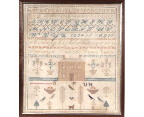A Victorian sampler with alphabet, birds and central house by 'Fanny Smith 1856', framed &amp; glazed, 42 by 47cms.Condition 