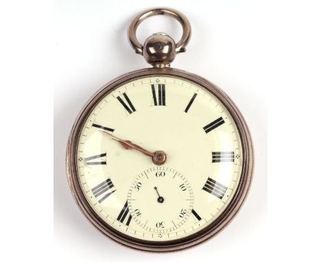 A George IV silver cased open faced pocket watch, the white enamel dial with Roman numerals and subsidiary seconds dial, the 