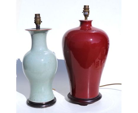 A Chinese crackle ware celadon glaze vase form table lamp, 37cms high; together with a Chinese flambe Meiping style vase form