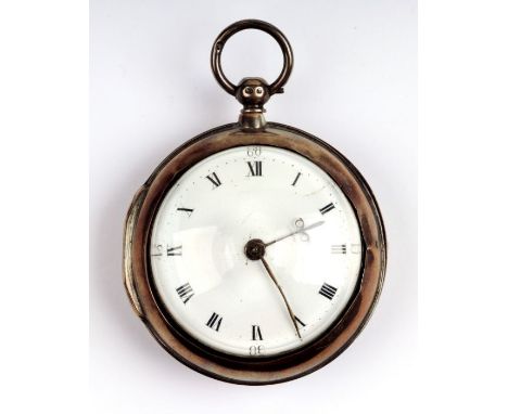 A George III silver pair cased open faced pocket watch, the white enamel dial with Roman numerals, the fusee movement signed 
