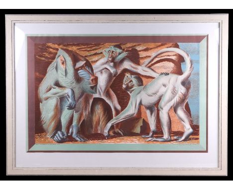 After Hans Feibusch - Mandril and Mangabeys -coloured lithograph print, printed at the Baynard Press for School Prints Ltd, L
