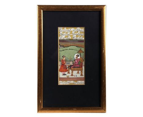 An Indo-Persian portrait miniature depicting a seated prince and his attendant with script above and below, framed &amp; glaz