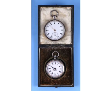 A silver cased open faced pocket watch, the white enamel dial with Roman numerals and subsidiary seconds dial; together with 