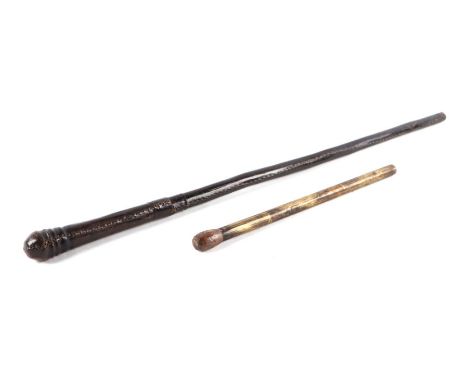A leather cased swagger sword stick with square tapering blade, 63cms long, the blade length 39cms long; together with a bras