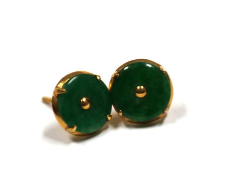 A pair of Chinese 20ct gold and jade earrings.
