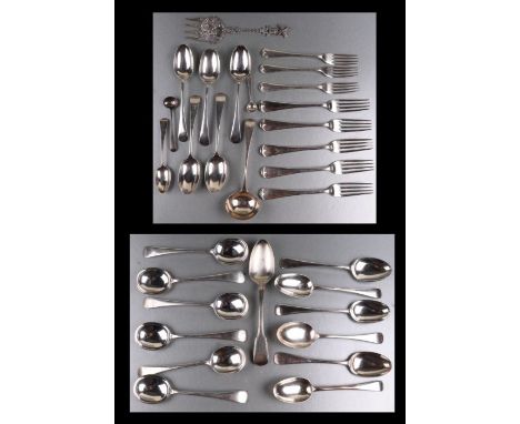 A set of six Old English pattern silver dinner forks, Sheffield 1939, 430g; together with other similar silver flatware, vari
