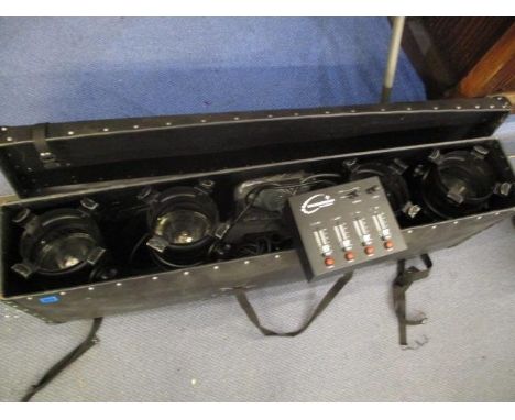 A set of eight entertainment light with added filters, with show board, in carrying containers (no stands) 