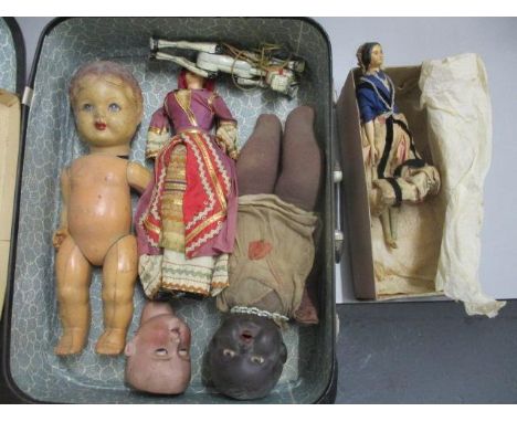 Dolls to include bisque headed and composition examples and a painted metal puppet of Muffin the Mule 