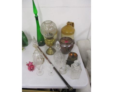 Kitchenalia and metalware to include a silver plated basket, a rosewood walking stick, decanters and other items 