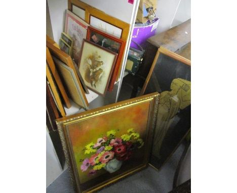 Pictures to include prints of high street scenes, marquetry panels, a still life of flowers, oil on canvas, and other items 