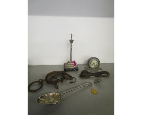 A mixed lot to include brass and iron scales, a bulls head can opener,  a white metal monument on a square marble base, a dre