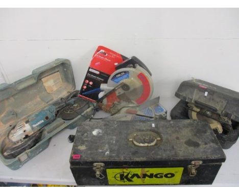 Tools to include a Makita angle grinder, a chop saw, a circular saw, an Eco steam cleaner and a Kango tool box 
