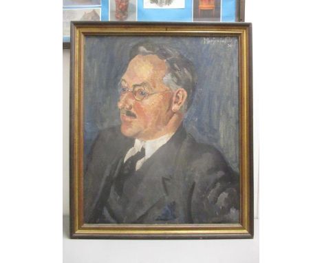 Marjorie Hall - a head and shoulder portrait of a gentleman wearing glasses, oil on canvas, signed and dated 36, 24" x 19", f