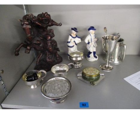 A modern resin figure of a Chinese warrior on a rearing horse, 11" h, along with A mixed lot of silver plate to include ashtr