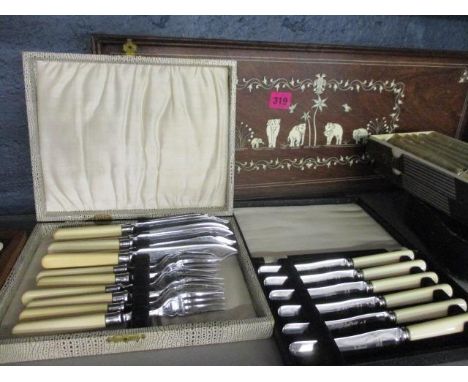 A mixed lot to include an ivory inlaid tray, a Mappin & Webb, stainless steel, mother of pearl handled cutlery, in a case, fi