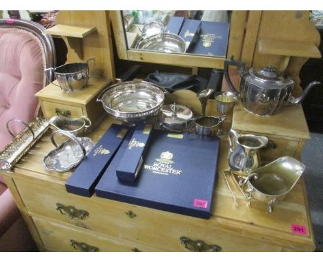 A mixed lot to include silver plate and boxed Royal Worcester items 