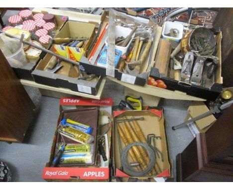 Hand tools to include Record planes, chisels, saws, axes, screws and other items 