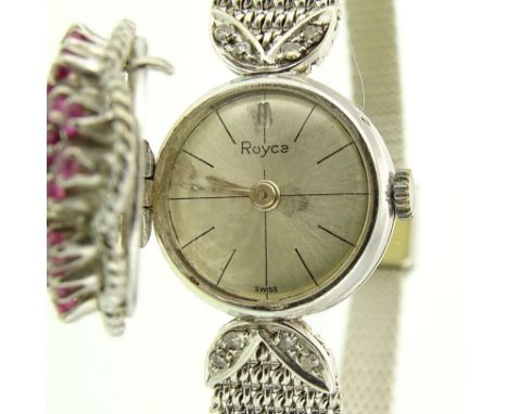 Lady's Vintage Ruby, Pearl and 14 Karat White Gold Bracelet Royce Swiss Manual Movement Watch. Rubies with vivid saturation o