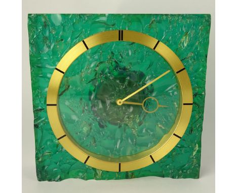 Vintage LeCoultre Green Lucite and Gilt Brass Clock. Interesting "chipped ice" effect. Signed LeCoultre 476. Manual wind. Lig