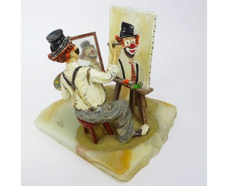 Ron Lee American (born 1952-) 1984 Limited Edition Painted and Gilt Metal Clown Sculpture on Onyx Base "Self Portrait". Signe