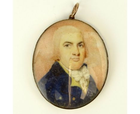19th C or earlier Hand Painted Portrait Miniature and Hair Work Pendant. The front featuring the potrait and the back with fi