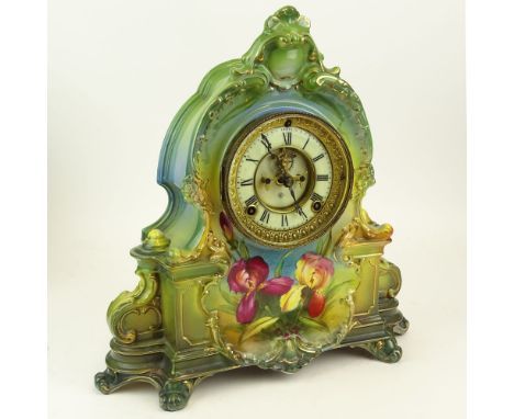 19/20th Century Ansonia Royal Bonn Porcelain Mantle Clock. Signed. Lacking key and pendulum. No determination of running cond