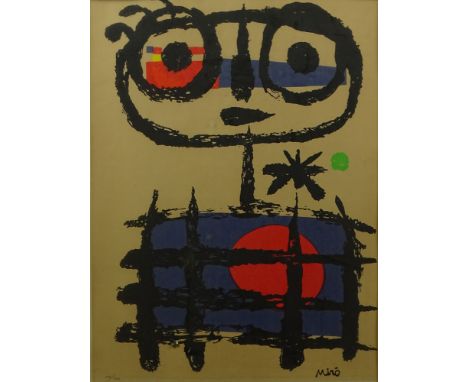 Joan Miro Color Lithograph. Signed in the print, numbered in pencil 135/350. Toning from age. Measures 24" x 18" (sight) Fram