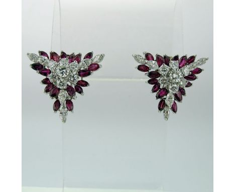 Lady's Vintage Approx. 5.0 Carat Ruby, 3.5 Carat Diamond and Platinum Earrings. Rubies with vivid saturation of color. Diamon