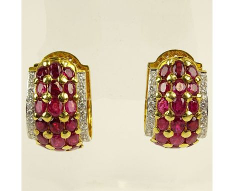 Large Pair of Lady's Approx. 20.0 Carat Oval Cut Burmese Ruby, 2.50 Carat Round Cut Diamond and 18 Karat Yellow Gold Earrings