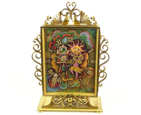 Large Vintage Imhof Hand Painted Enamel and Gilt Brass Standing Clock. The case with scroll decoration with 2 hand hammered b