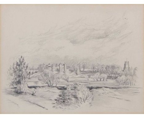 Attributed to Leonard Russell Squirrell (1893-1979), 'Framlingham', pencil sketch, unsigned, label on backboard inscribed 'Fr
