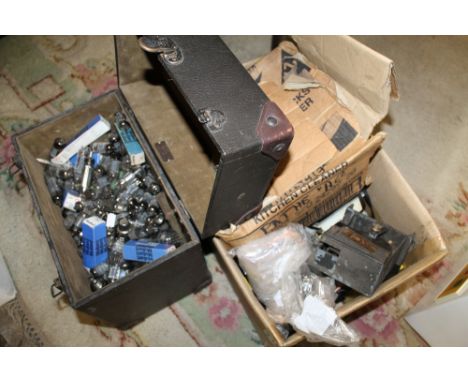 A BOX OF VINTAGE CAMERAS ETC TO INCLUDE A PATHESCOPE ACE + A BOX OF RADIO VALVES