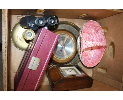 A LARGE BOX OF COLLECTABLES TO INCLUDE BINOCULARS, BAROMETER ETC